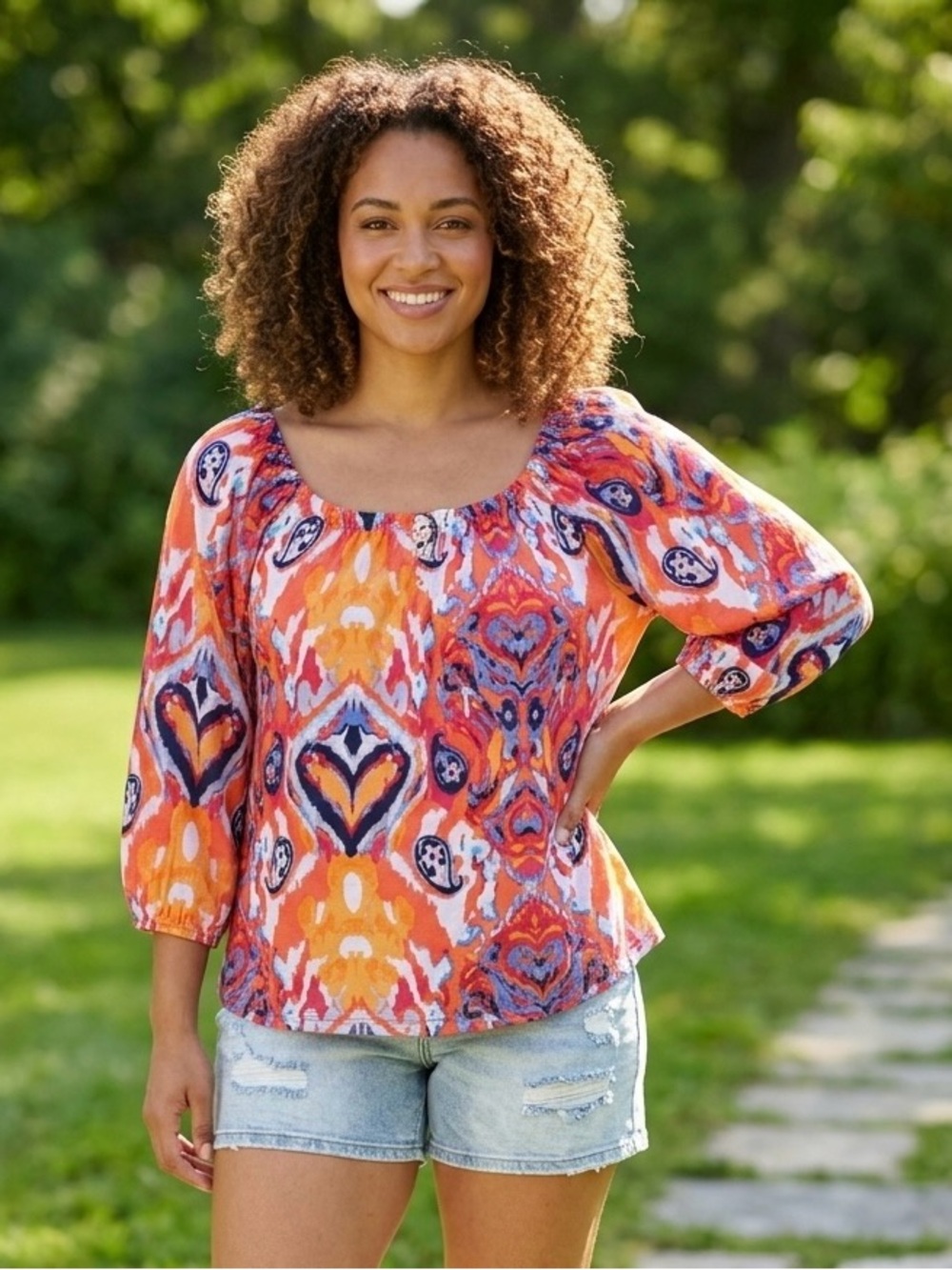 Tribal Poppy Red Paisley Linen Blend Multicolor Boho Peasant‎ Blouse Large New